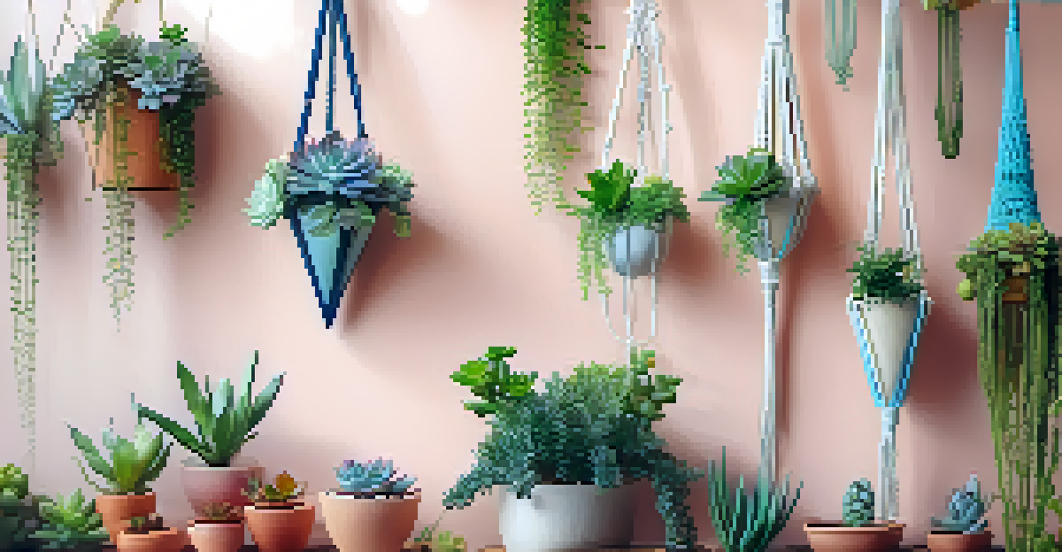 A vertical garden on a wall with hanging pots of colorful succulents and trailing plants, featuring a soft pastel background.