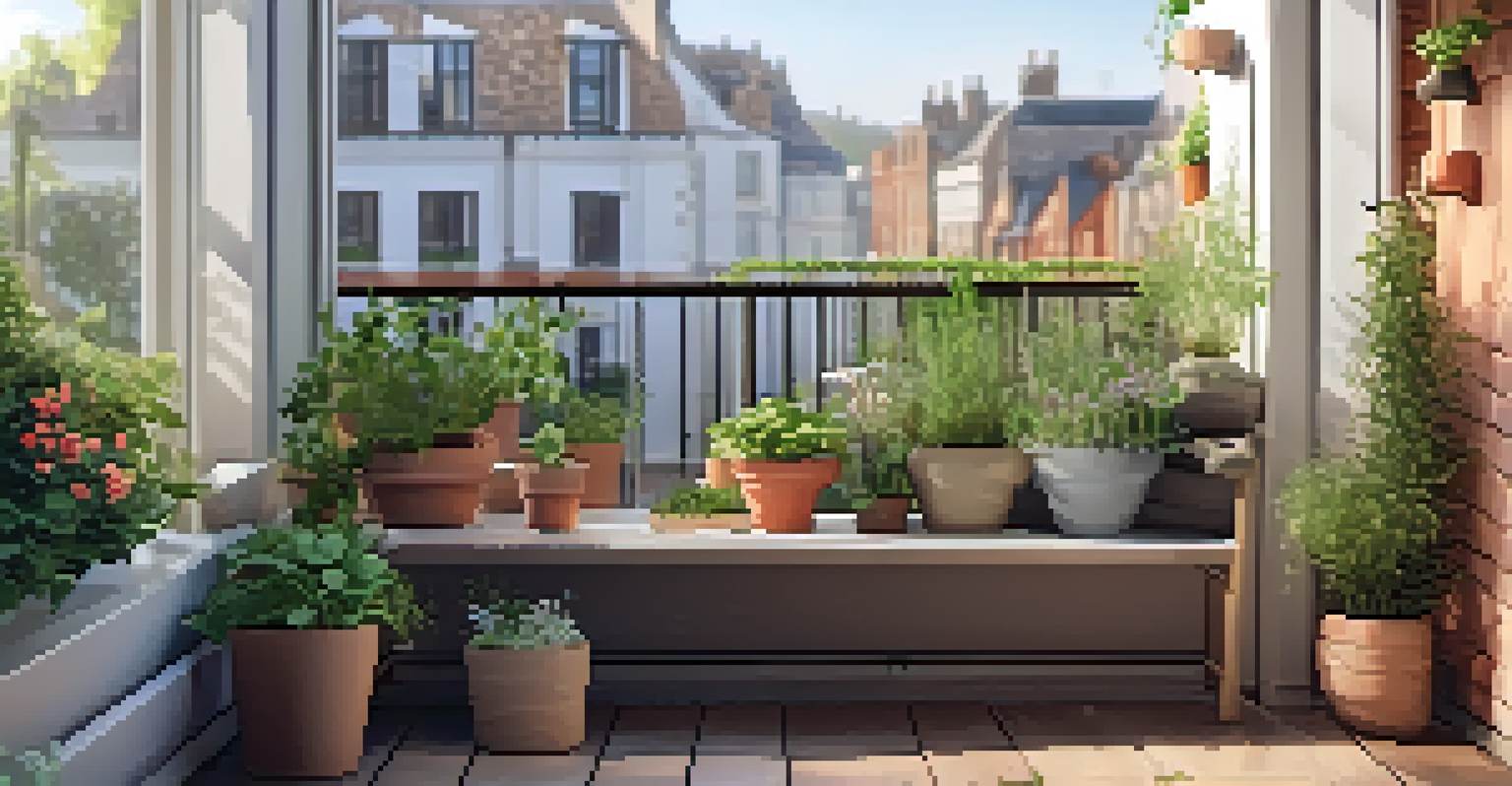 A cozy balcony garden with a vertical wall of herbs and flowers, featuring a chair and soft morning light illuminating the scene.