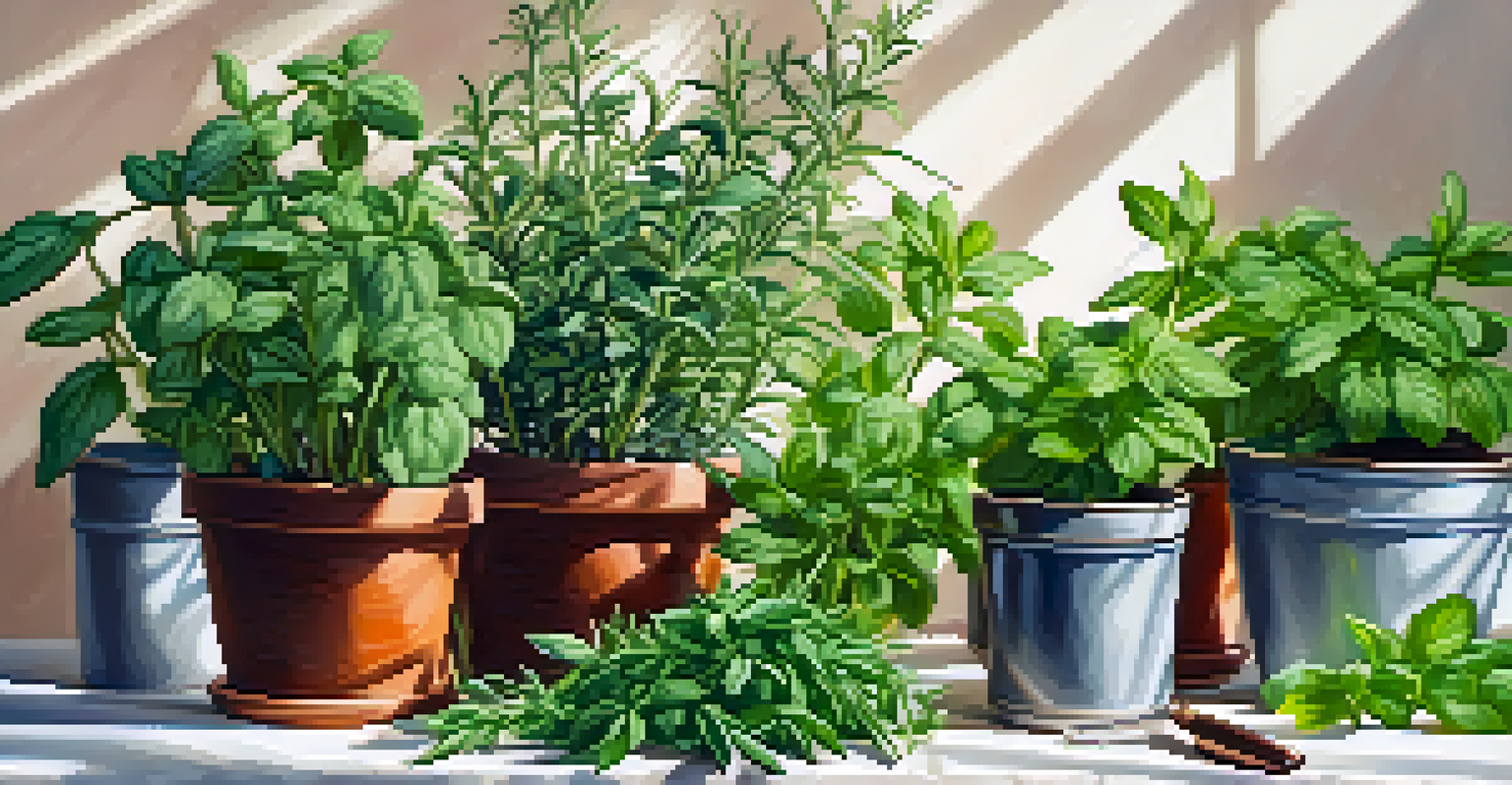 A lush herb garden with basil, mint, and rosemary plants in sunlight.