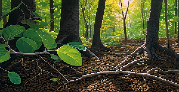 A detailed close-up of dark, fertile soil enriched with organic matter, featuring decomposed leaves and small twigs, illuminated by sunlight filtering through leaves above.