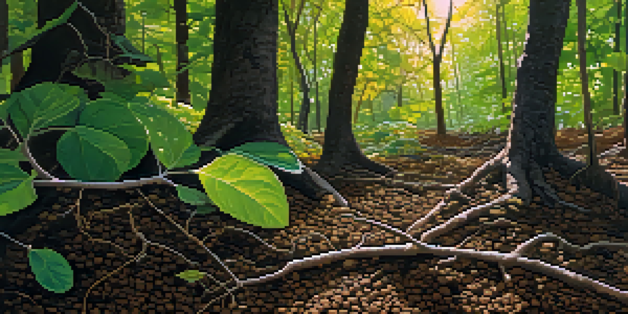 A detailed close-up of dark, fertile soil enriched with organic matter, featuring decomposed leaves and small twigs, illuminated by sunlight filtering through leaves above.
