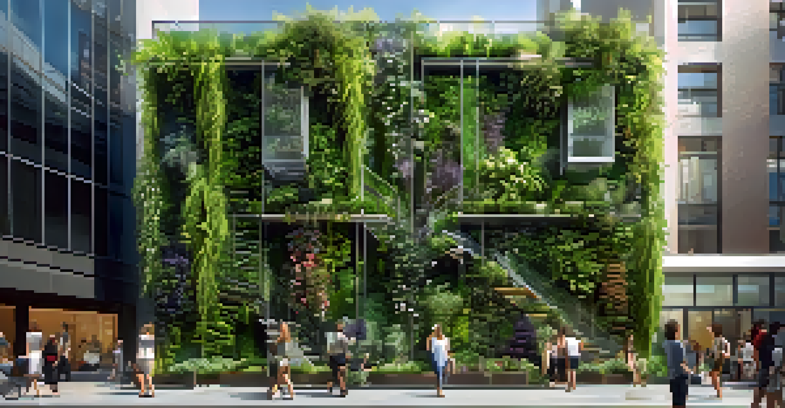 A modern building adorned with a lush vertical garden, showcasing various plants and sunlight filtering through the leaves.