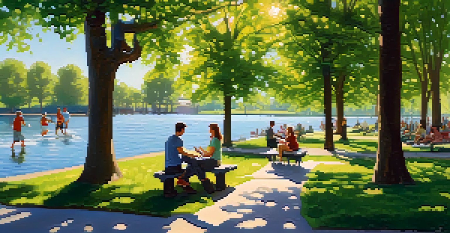 A lively urban park with trees, a pond, and people enjoying outdoor activities.