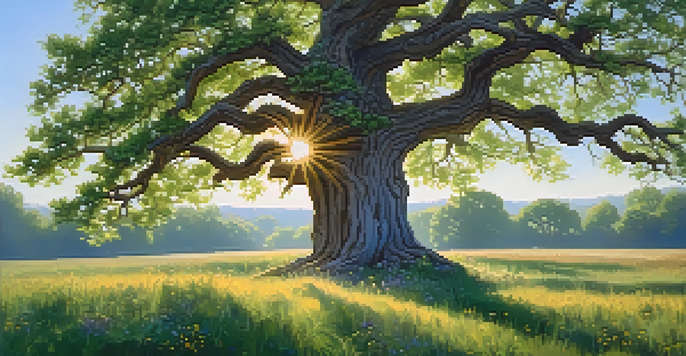 A large oak tree in a sunny meadow with colorful wildflowers and a blue sky.