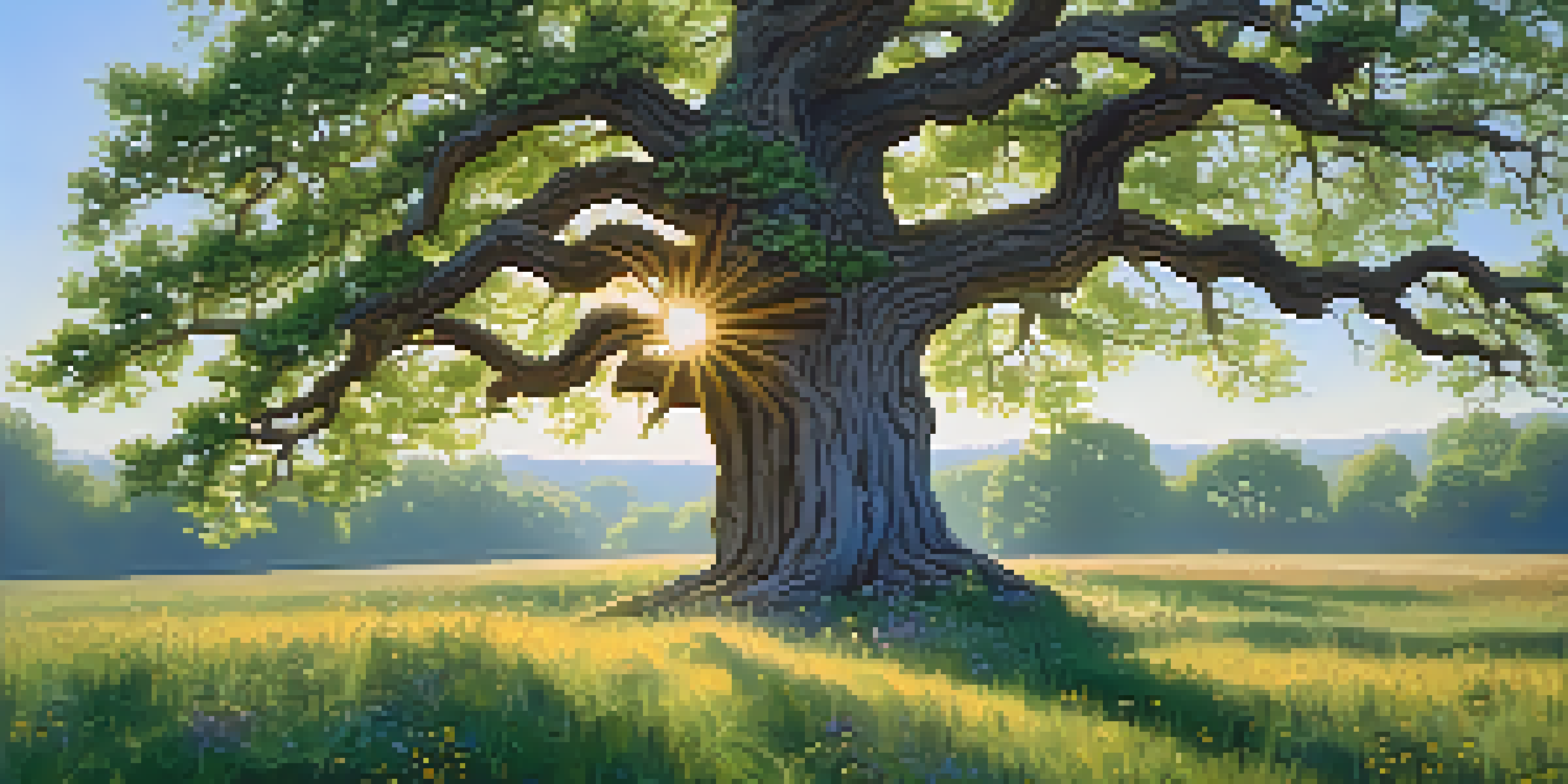 A large oak tree in a sunny meadow with colorful wildflowers and a blue sky.