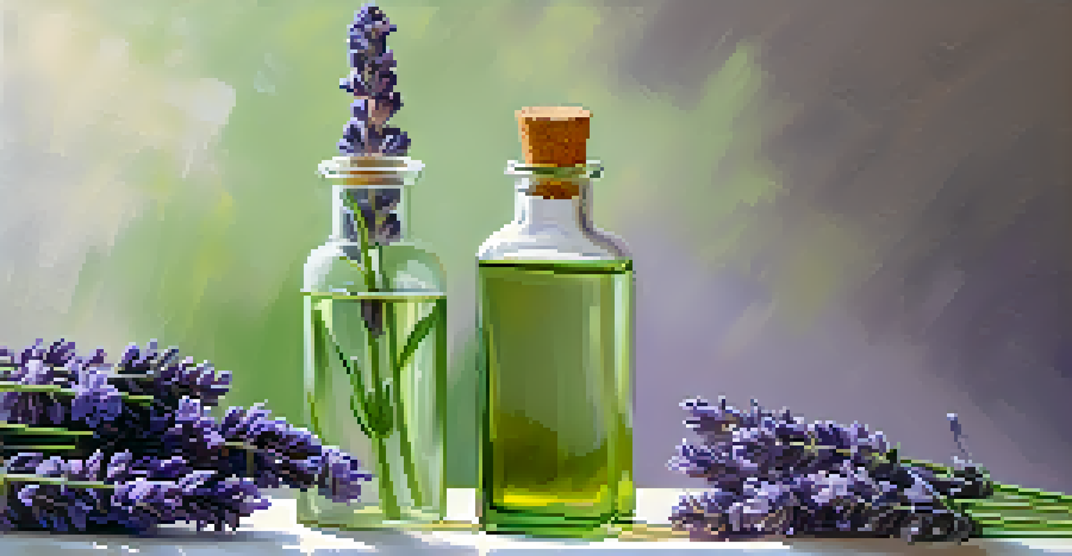 Lavender flowers in bloom next to a bottle of lavender oil, with soft light enhancing the calming colors.