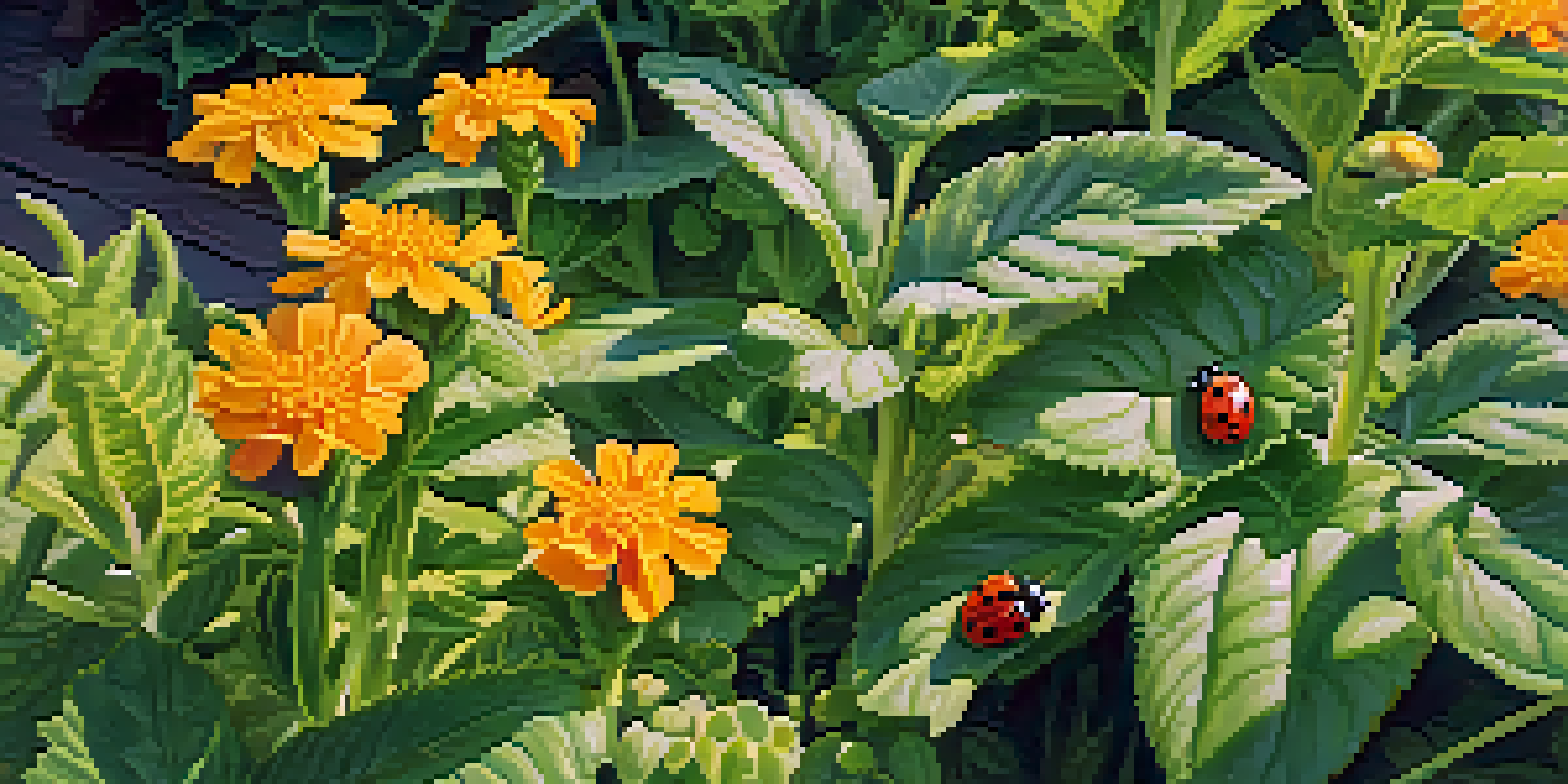 A close-up view of a garden showing green plants with aphids on the underside of a leaf, ladybugs nearby, and colorful flowers in the background.