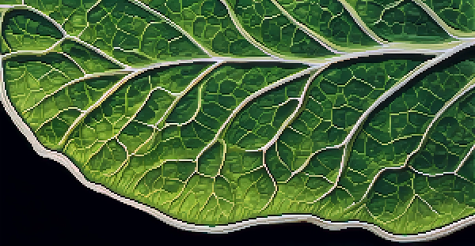 A detailed close-up of a green plant leaf revealing hidden fungi within its tissue, highlighted by gentle sunlight.