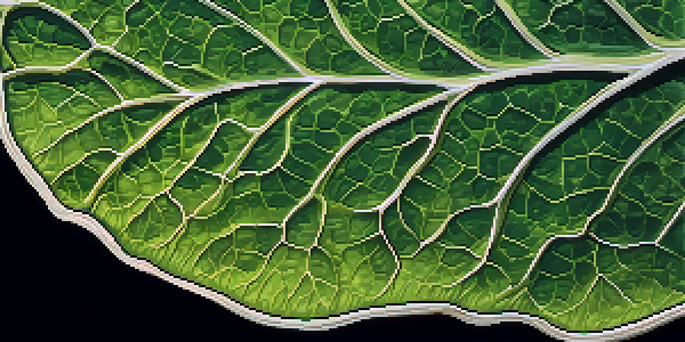 A detailed close-up of a green plant leaf revealing hidden fungi within its tissue, highlighted by gentle sunlight.