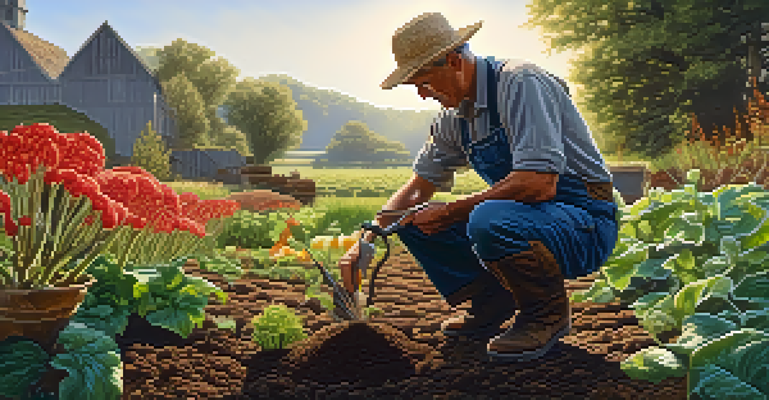A farmer inspecting nutrient-rich soil filled with mycorrhizal fungi in a vibrant garden.