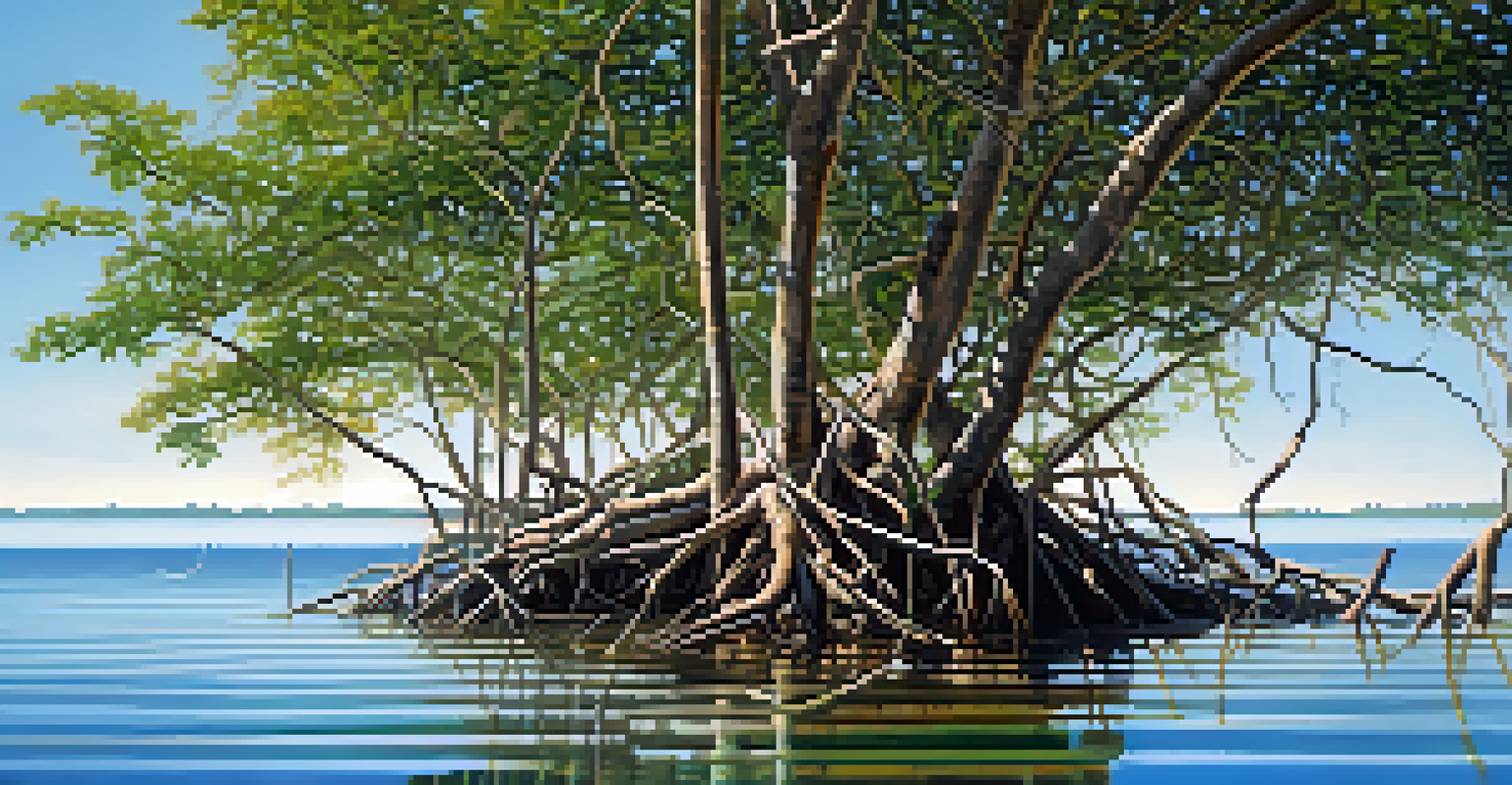 Coastal mangrove trees with prop roots in shallow water, reflecting a bright blue sky.