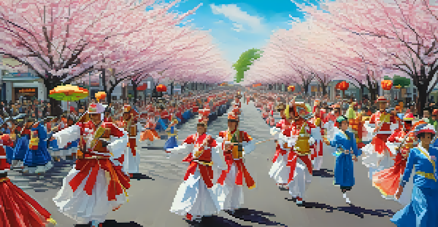 A colorful parade with floats and performers celebrating the National Cherry Blossom Festival, surrounded by cherry blossom trees and excited spectators.