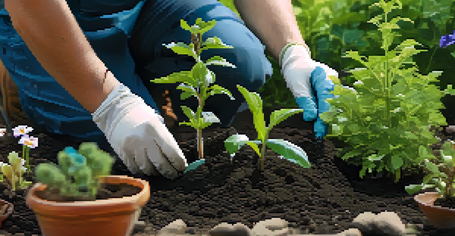 Close-up of a gardener planting a young fruit tree in dark soil surrounded by colorful plants.