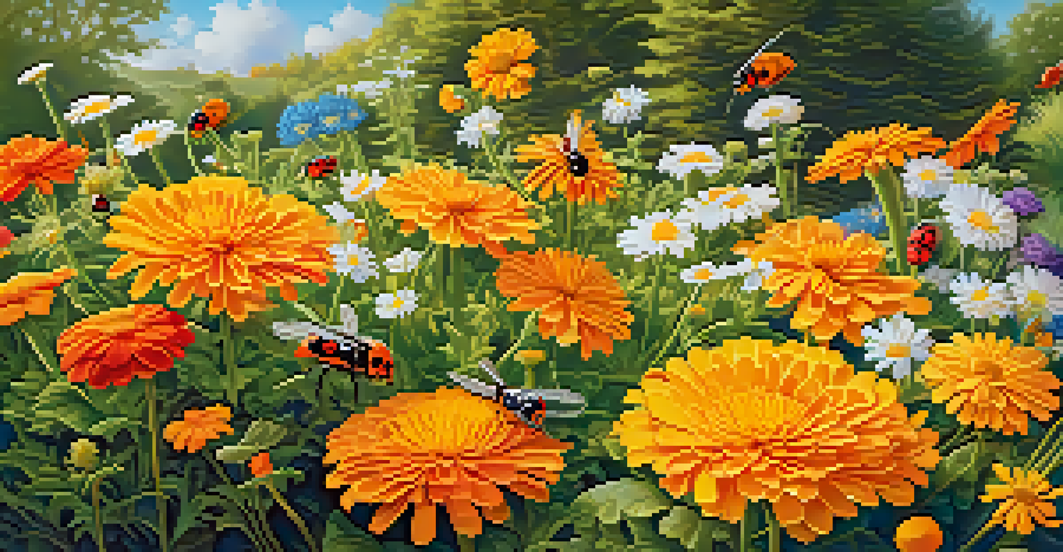 A vibrant garden filled with flowers and beneficial insects like ladybugs and lacewings, showcasing a harmonious ecosystem.
