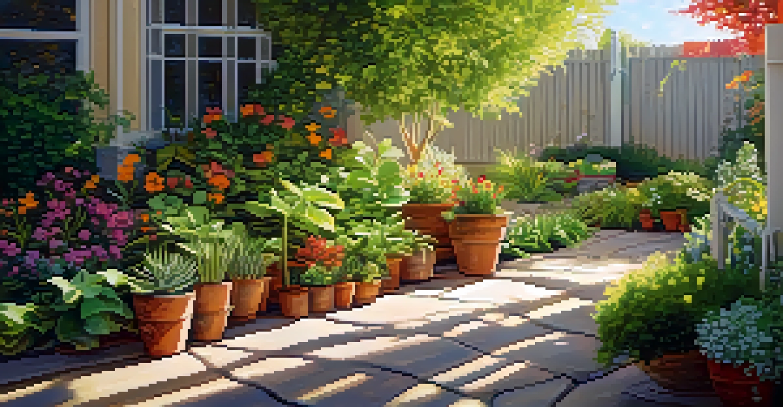 A vibrant garden scene with healthy plants and a soil testing kit on the ground, illuminated by warm sunlight.