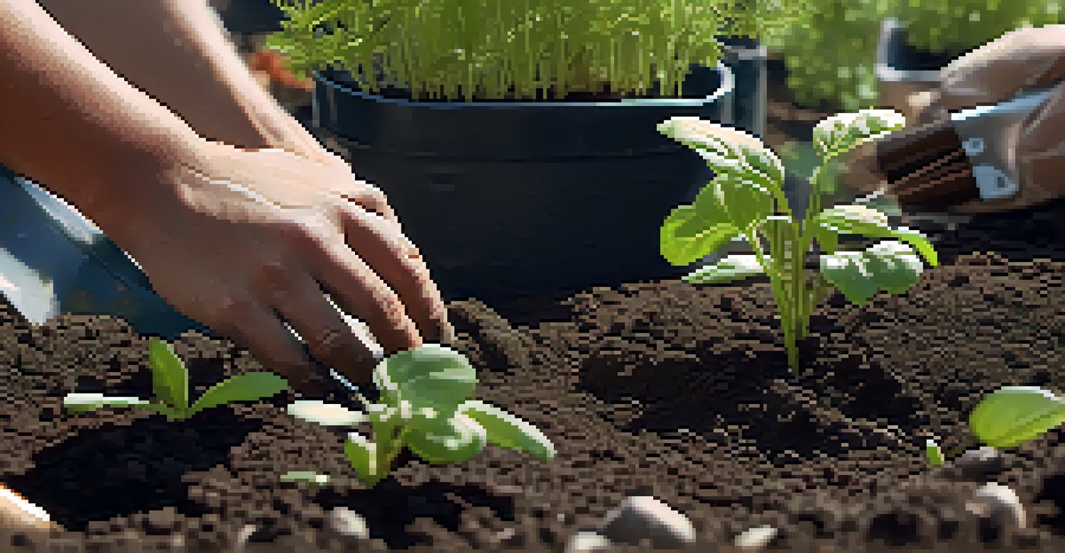 A close-up of hands planting seedlings in soil, showcasing the care involved in community gardening.