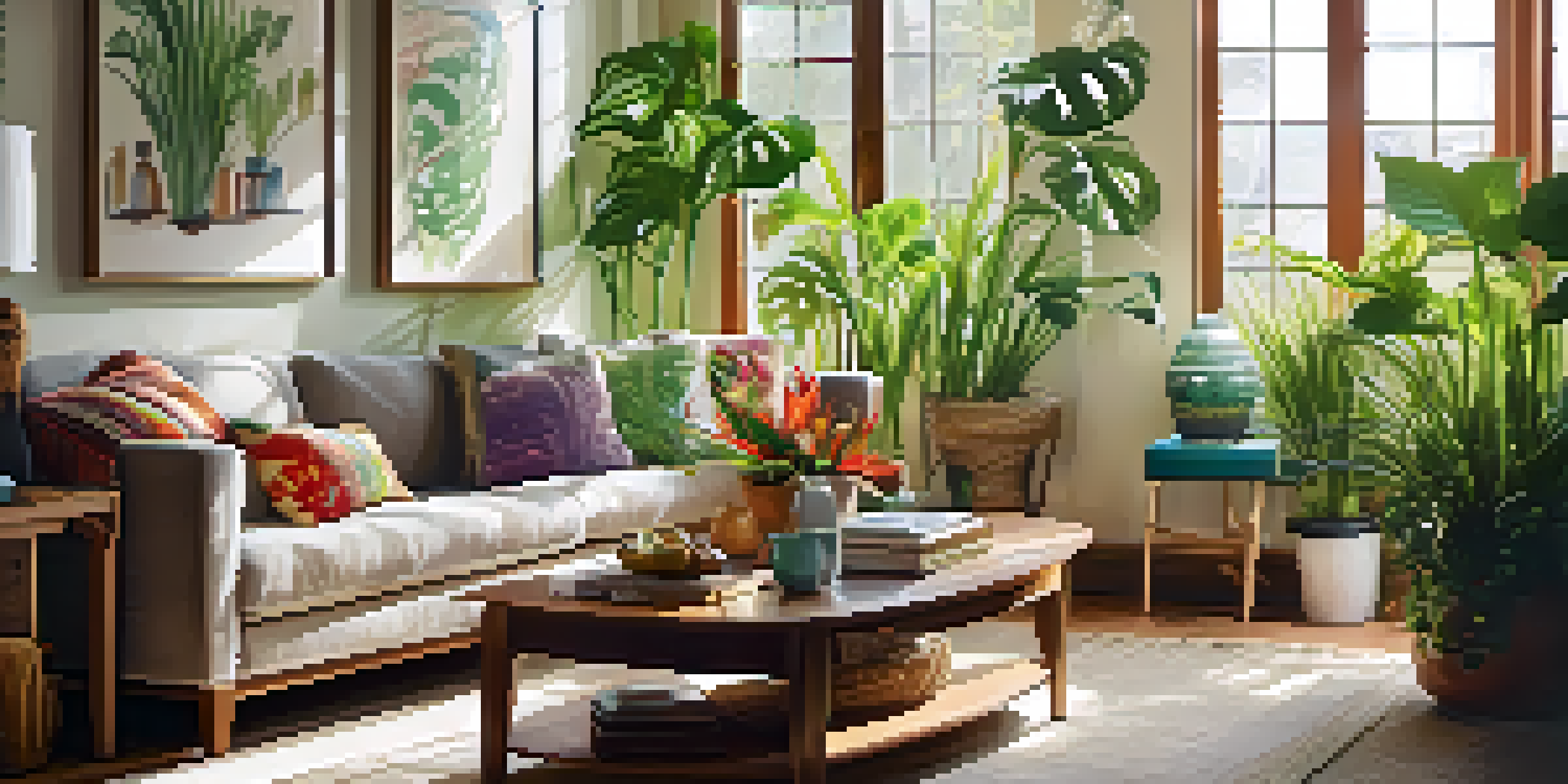 A bright living room filled with houseplants and sunlight, featuring a cozy sofa and a wooden coffee table.