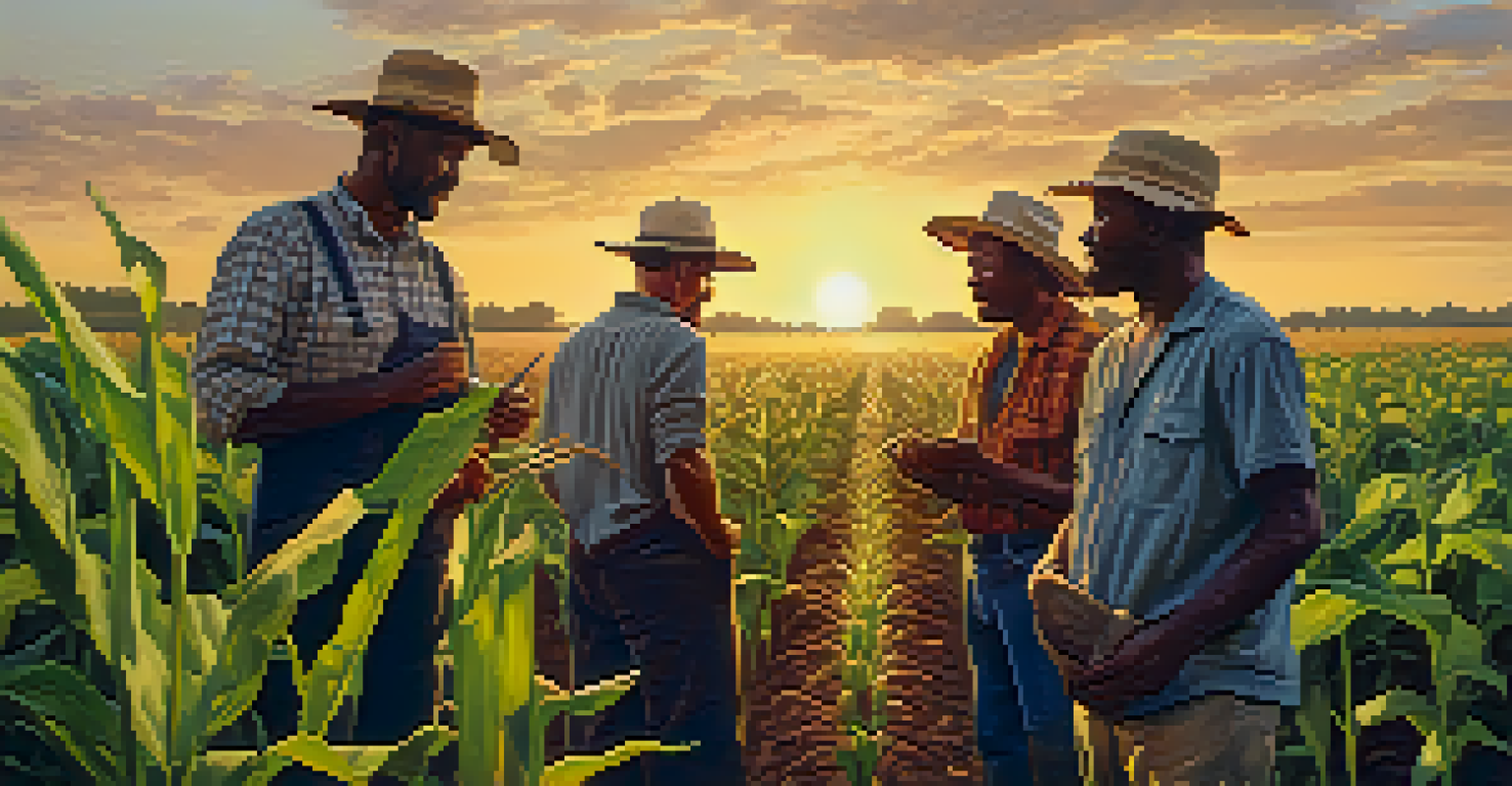 A diverse group of farmers collaborating in a maize field during sunset, with lush crops around them.