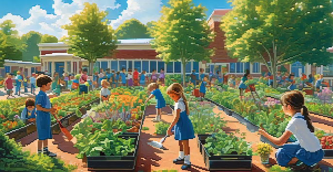 A lively school garden with children planting seeds and watering plants, surrounded by colorful vegetables and flowers under a sunny sky.