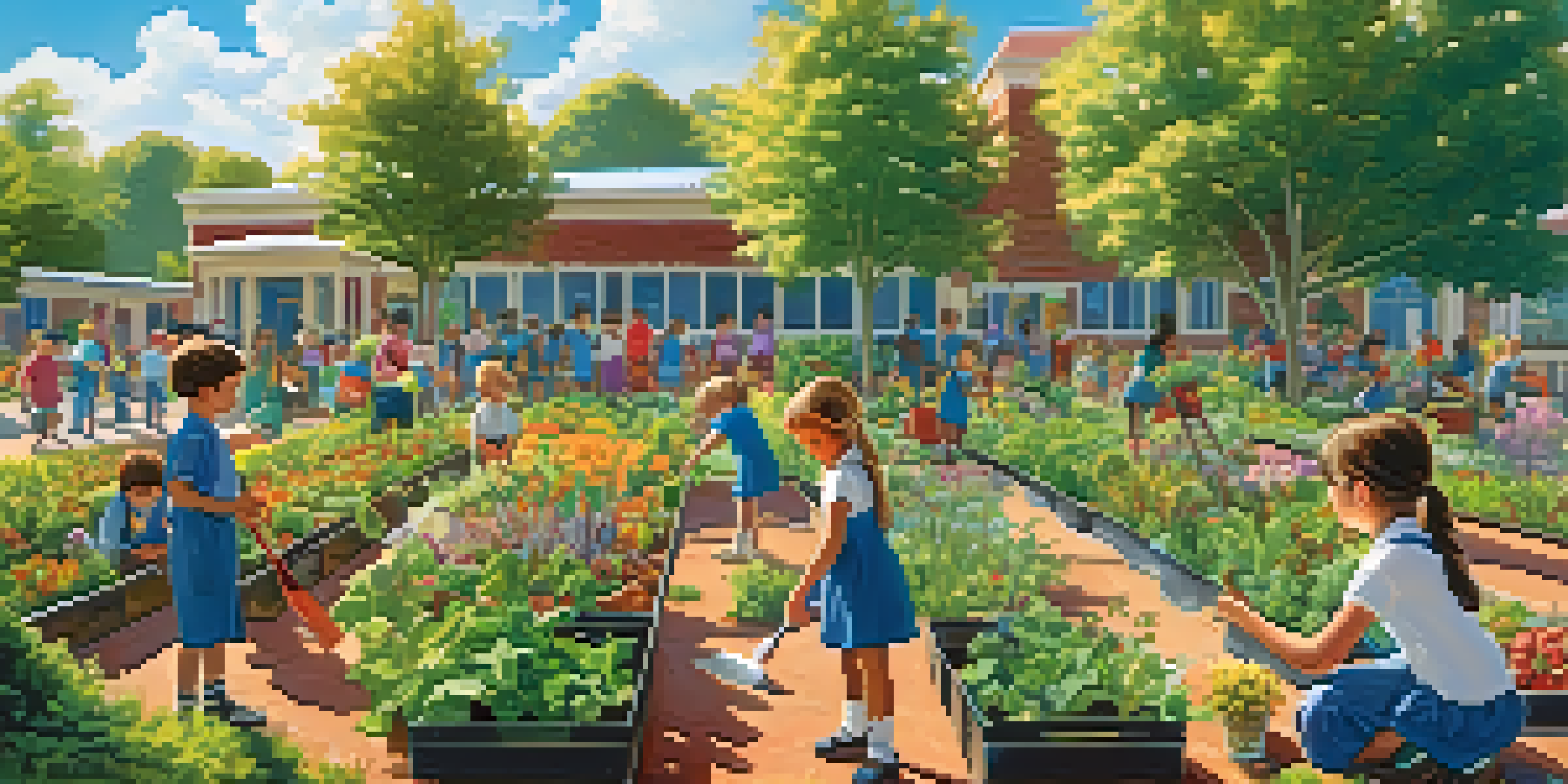 A lively school garden with children planting seeds and watering plants, surrounded by colorful vegetables and flowers under a sunny sky.