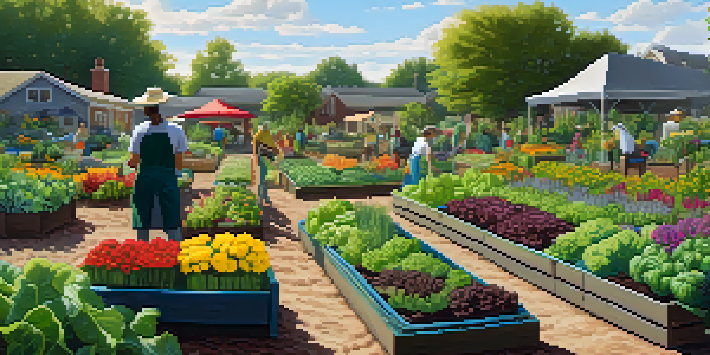 A community garden filled with colorful vegetables and flowers, with a gardener working in the soil under sunny skies.