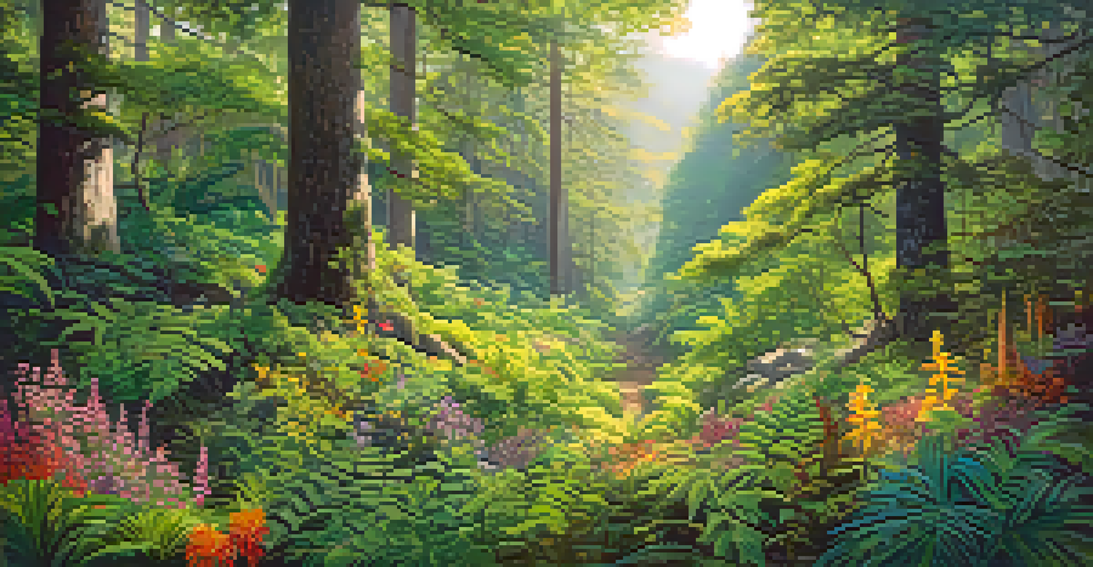 An aerial view of a forest with diverse endangered plant species and colorful flowers.