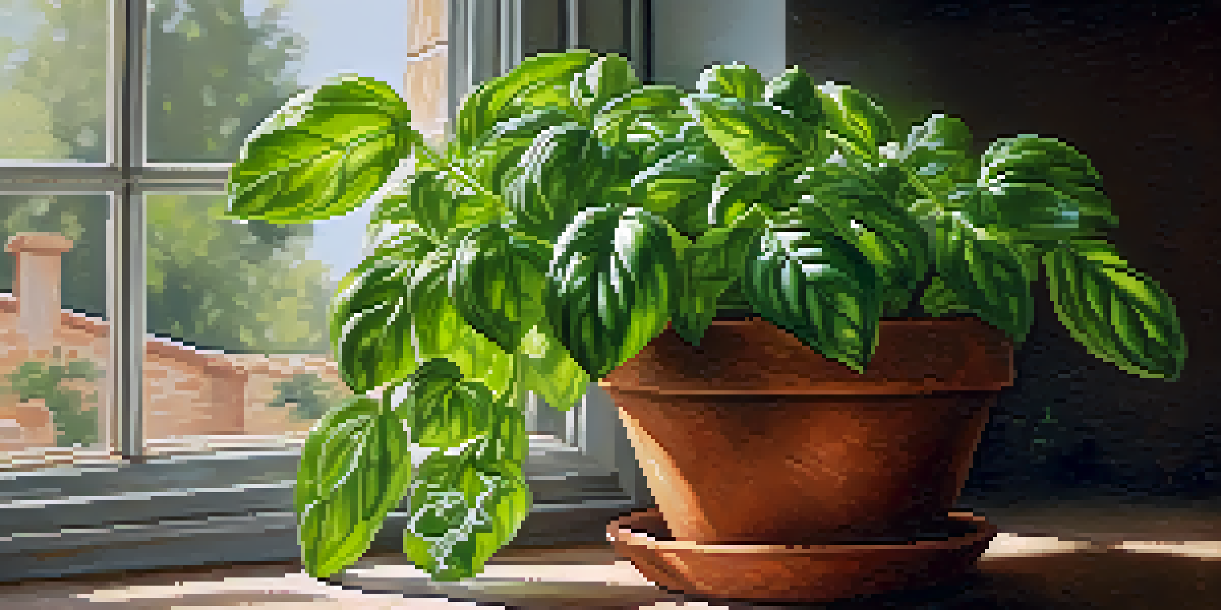 A vibrant basil plant in a terracotta pot by a sunlit kitchen window, showcasing lush green leaves with water droplets.