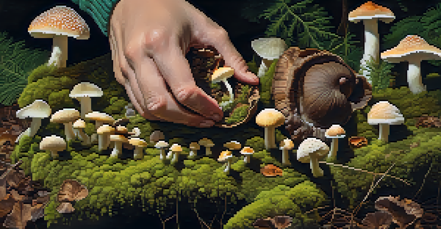 A close-up of hands examining wild mushrooms on moss, showcasing a variety of colors and textures in a natural setting.