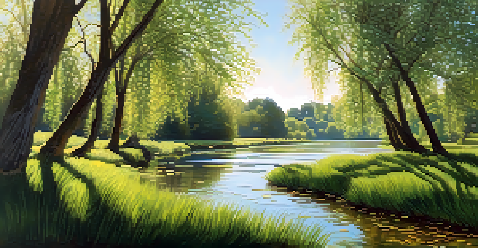 A riverside scene with lush willows stabilizing the bank, clear water reflecting greenery, and sunlight filtering through branches creating dappled light.