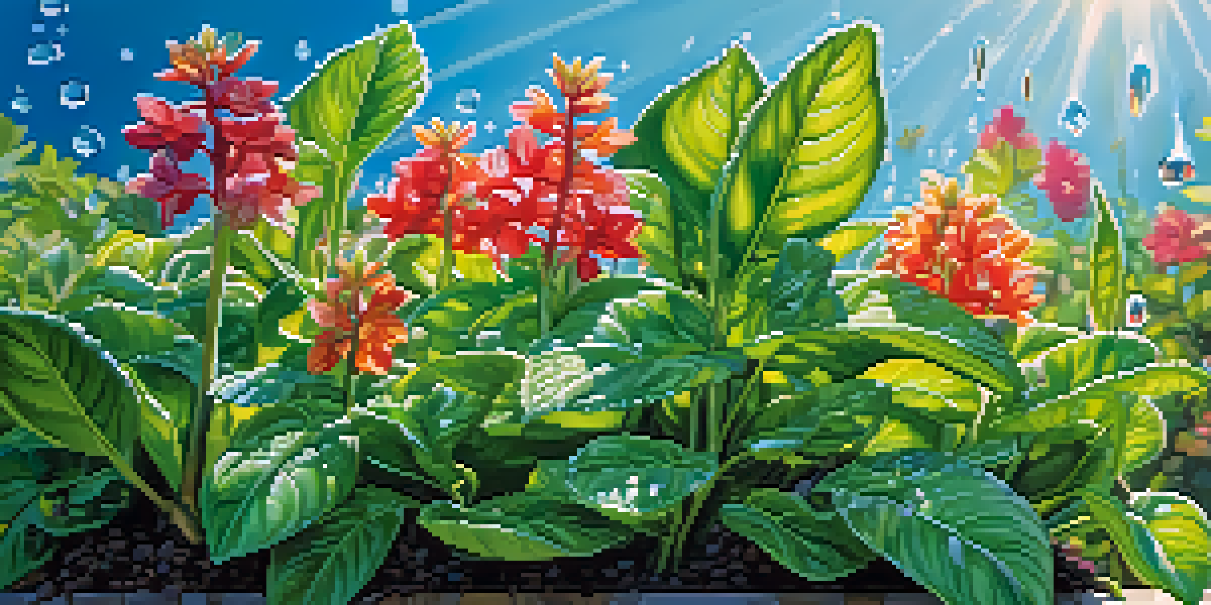 A healthy green plant with water droplets on its leaves, surrounded by colorful flowers under a clear blue sky.