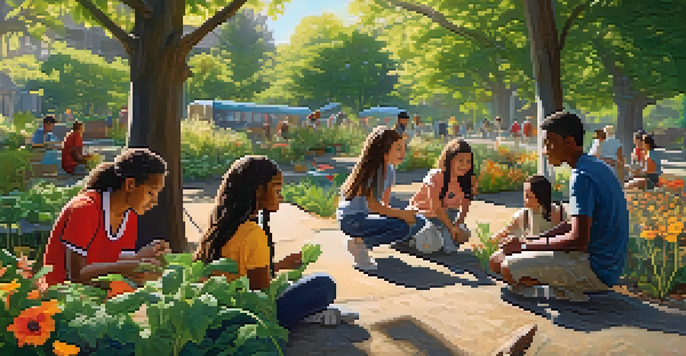 A diverse group of students in an outdoor classroom, interacting with plants in a community garden under sunlight.