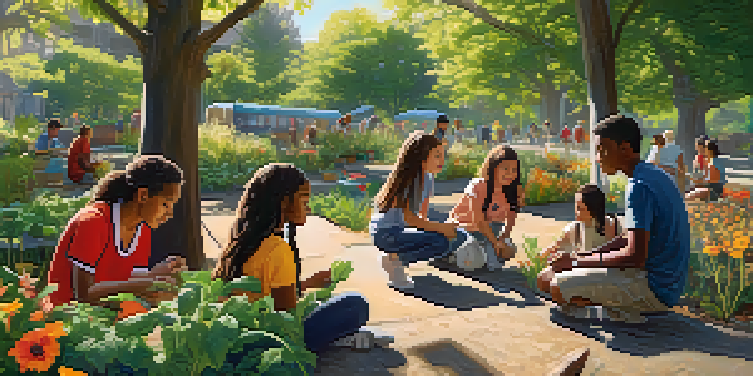 A diverse group of students in an outdoor classroom, interacting with plants in a community garden under sunlight.