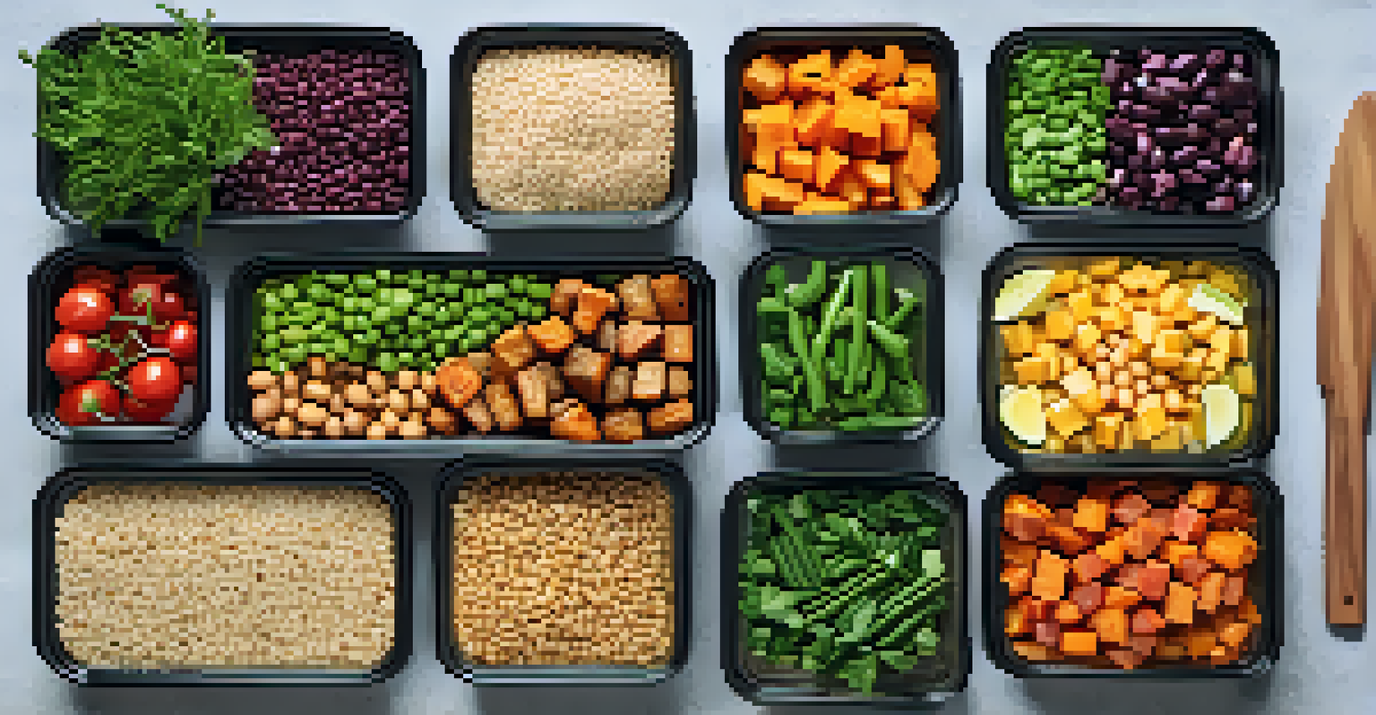 An overhead view of a meal prep setup with colorful plant-based dishes in containers and fresh ingredients on a cutting board.