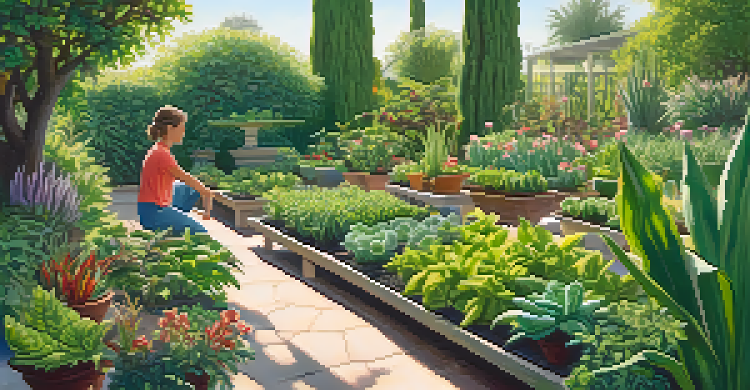 A garden scene with healthy green plants and some affected by leaf spot diseases, featuring a gardener inspecting the plants.