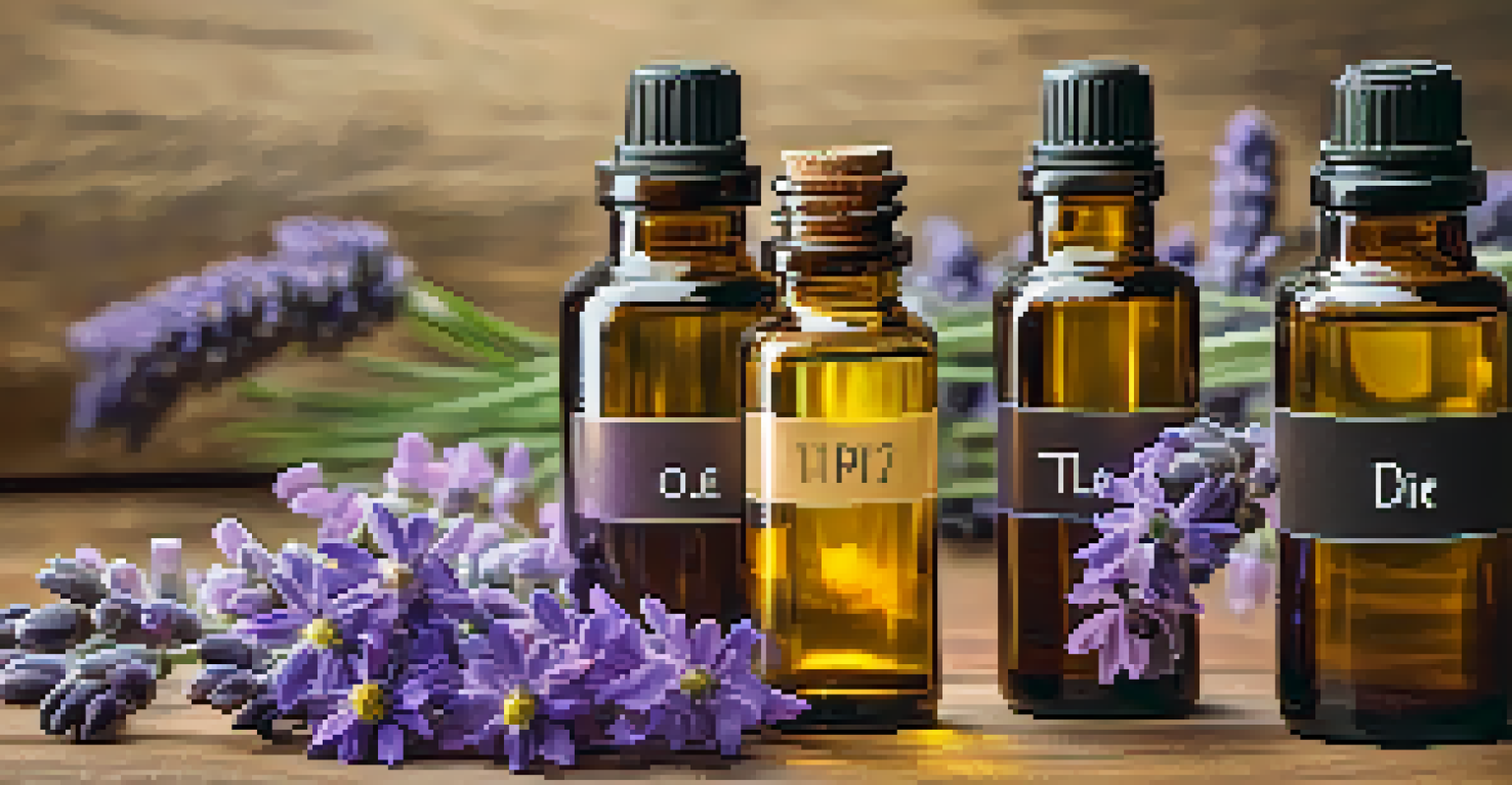 An arrangement of essential oil bottles on a wooden table, surrounded by lavender and chamomile flowers, with warm lighting.