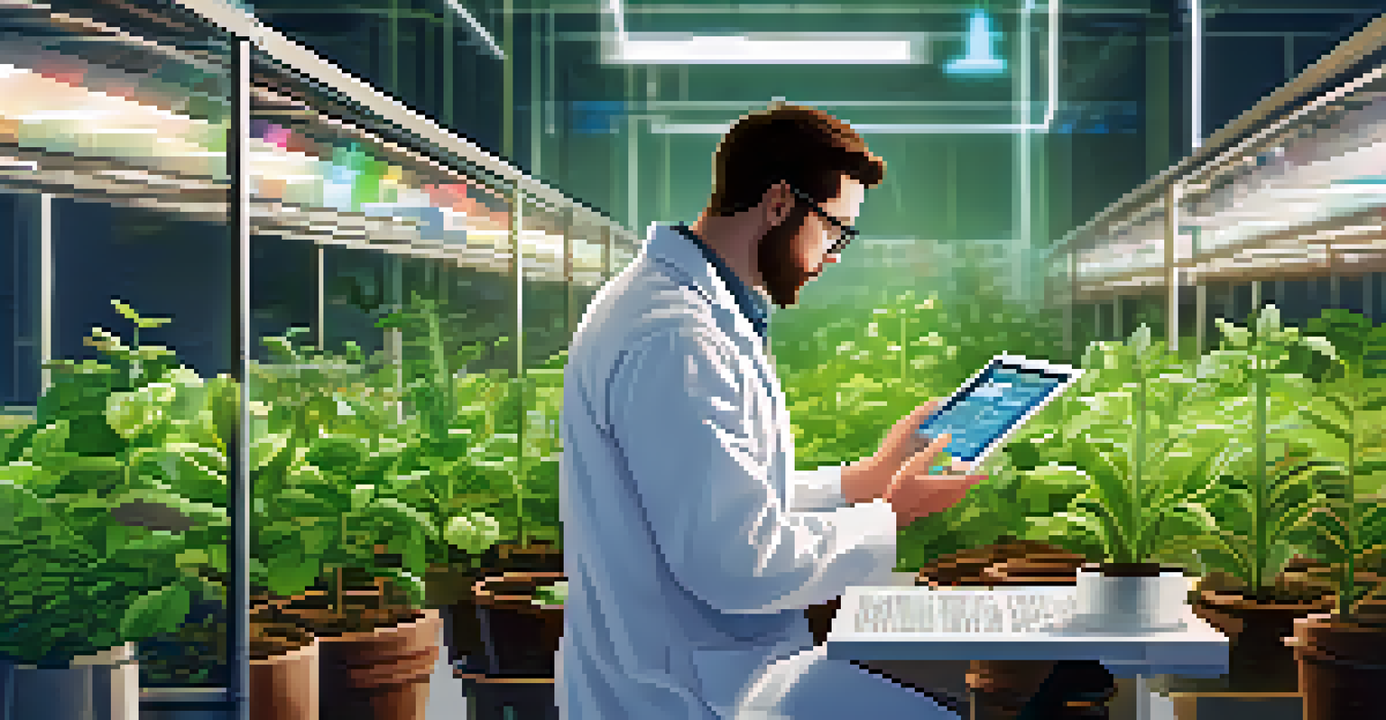 An agricultural scientist analyzing genomic data on a tablet in a lab filled with potted plants.