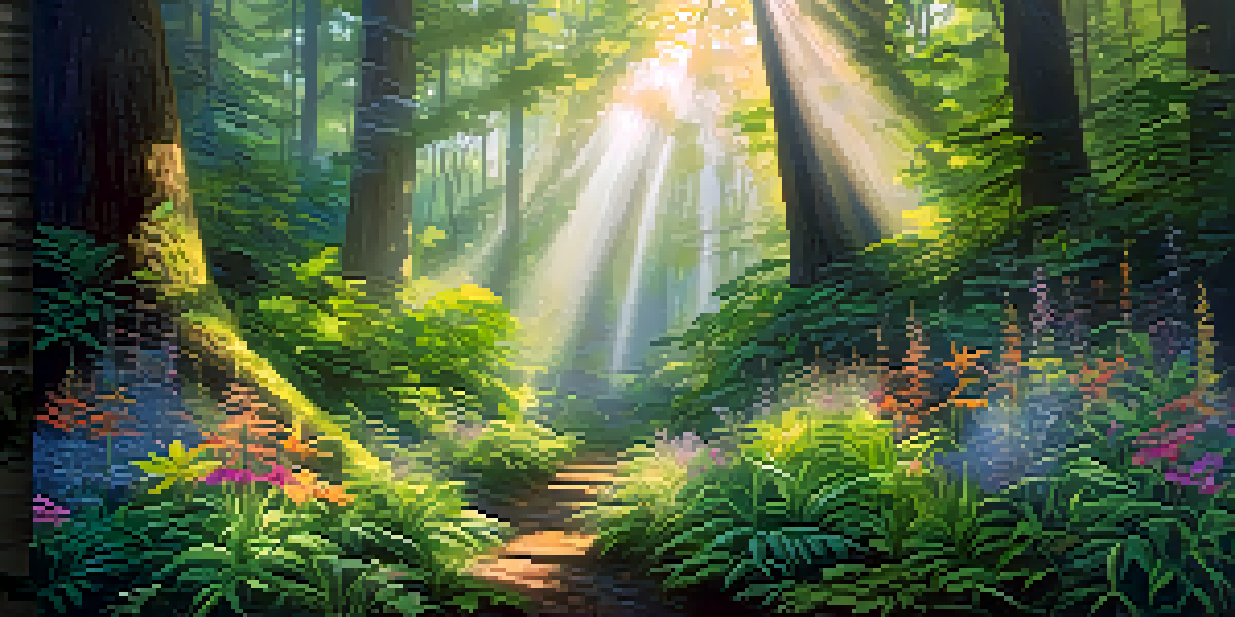A tranquil forest with diverse plants, colorful flowers, and sunlight filtering through the leaves, illustrating the communication between plants through vapor.