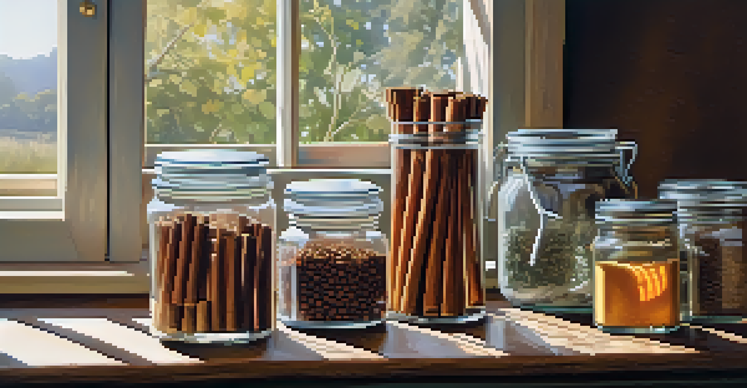 A kitchen table with jars of spices and cinnamon sticks.