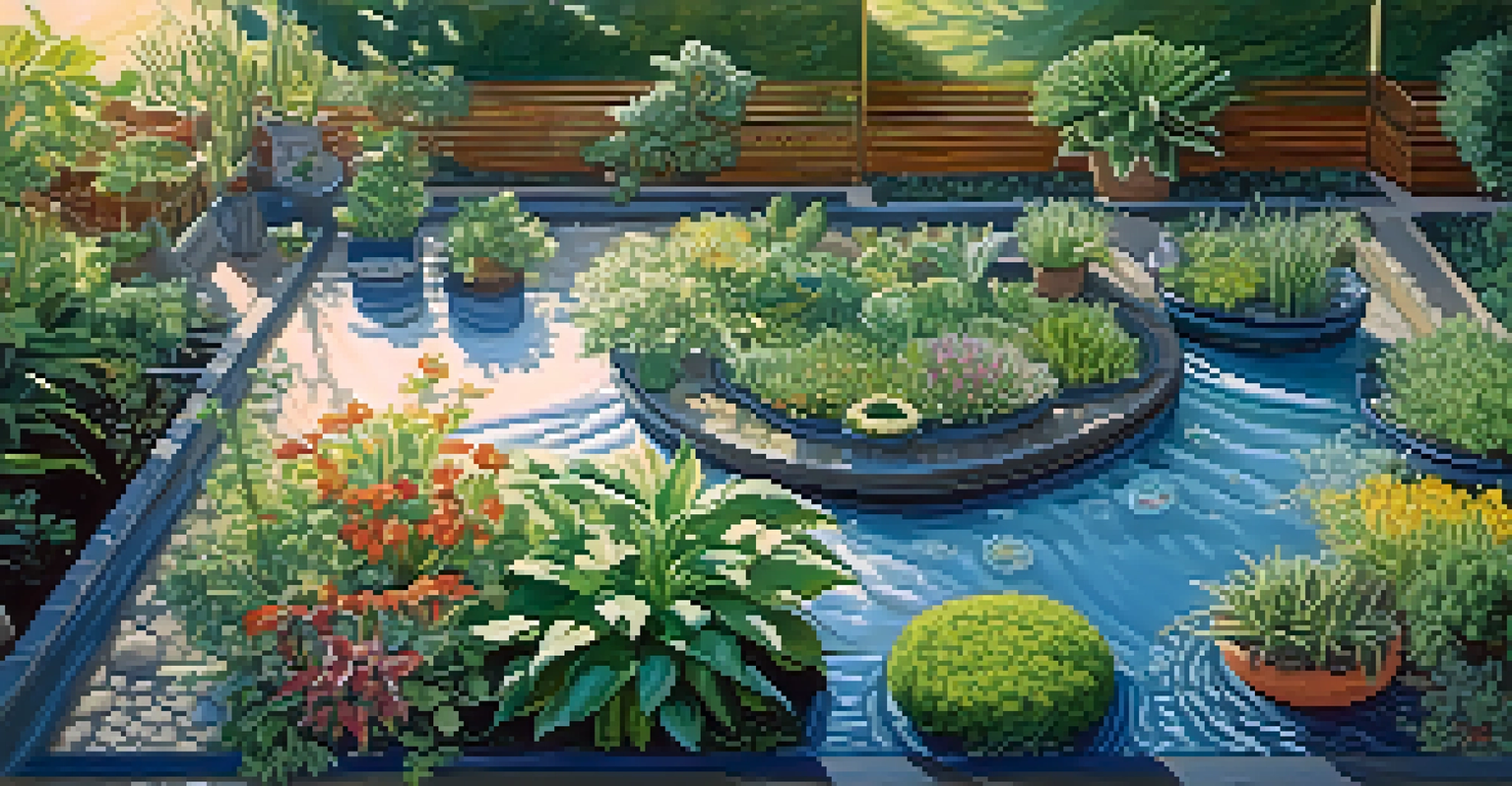 Overhead view of a garden with new plants being soaked with water, showcasing wet soil and a bright blue sky.