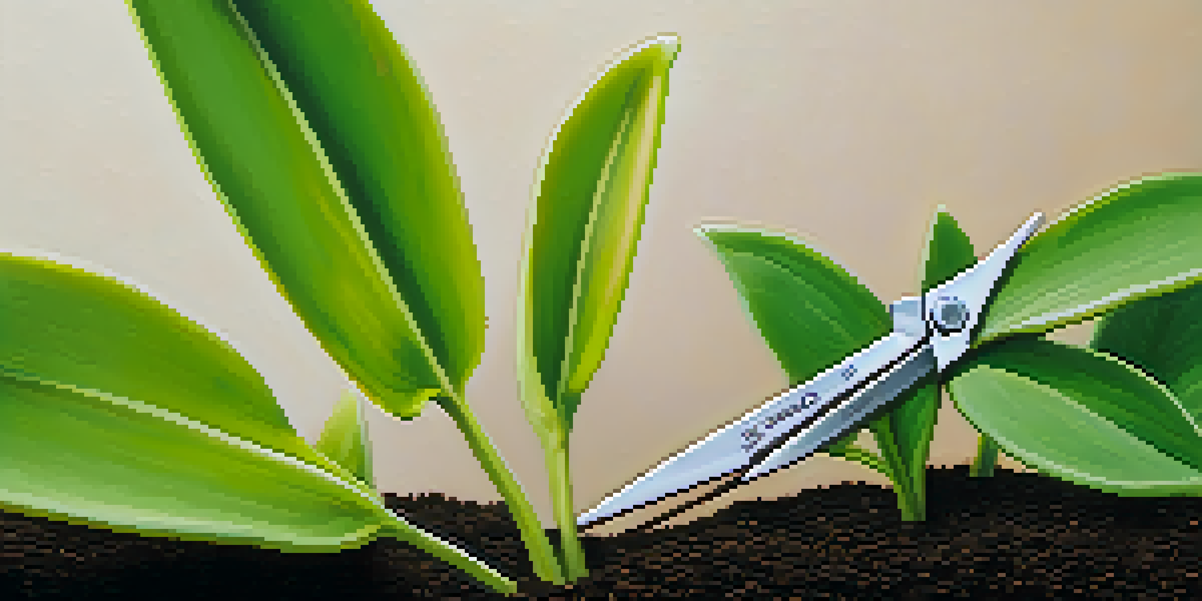 A close-up image of a healthy green plant with pruning shears cutting a stem for propagation, surrounded by blurred greenery and warm light.