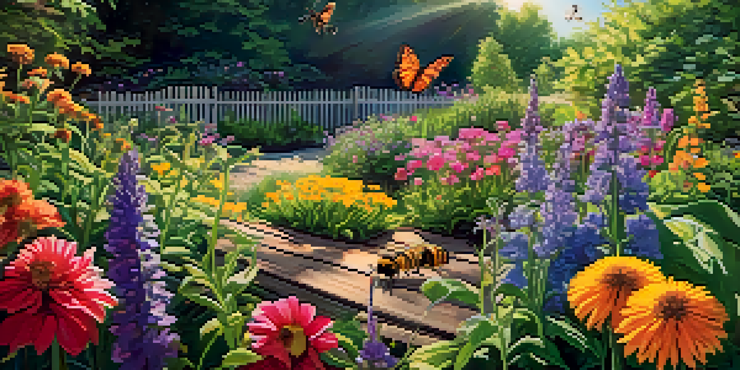 A colorful garden with various flowers and herbs, bees and butterflies pollinating, green plants in the foreground, and a wooden bench in the background under sunlight.