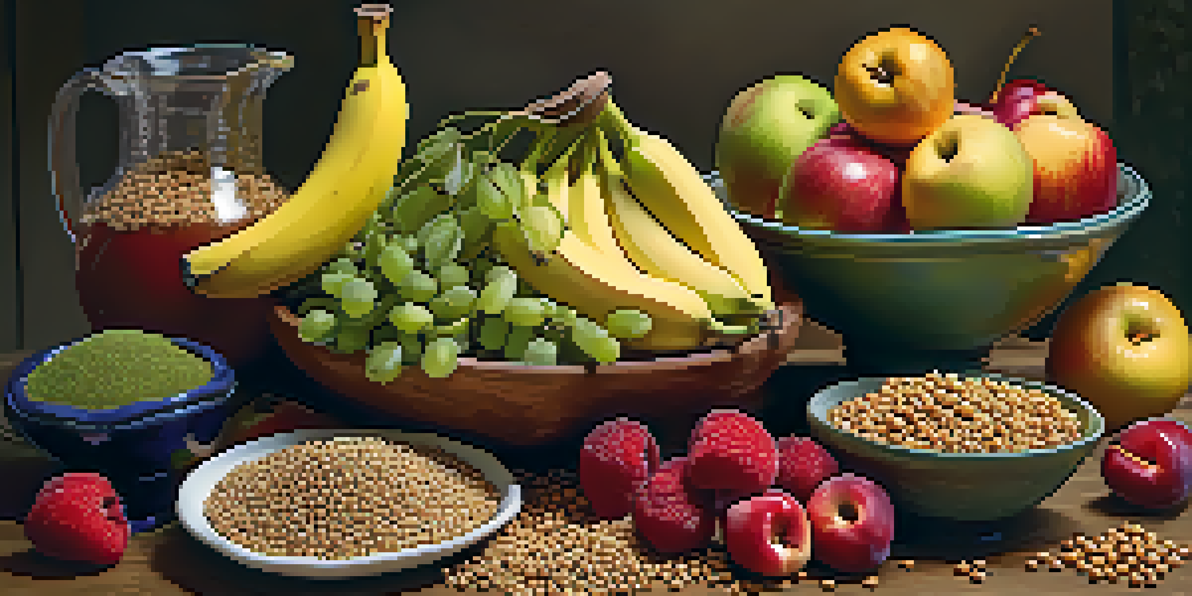 A wooden table displaying a variety of fiber-rich foods, including lentils, chickpeas, quinoa, apples, bananas, and berries, captured in a bright kitchen setting.