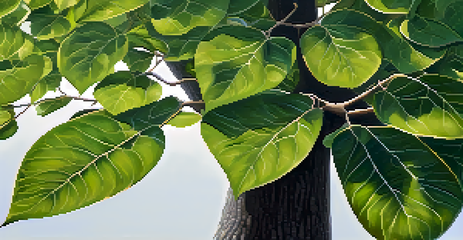 Close-up of a Peepal tree with lush leaves and textured bark, with people in the background.