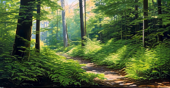 A split landscape showing a healthy native forest on the left and an area dominated by invasive plants on the right, with sunlight filtering through the trees.