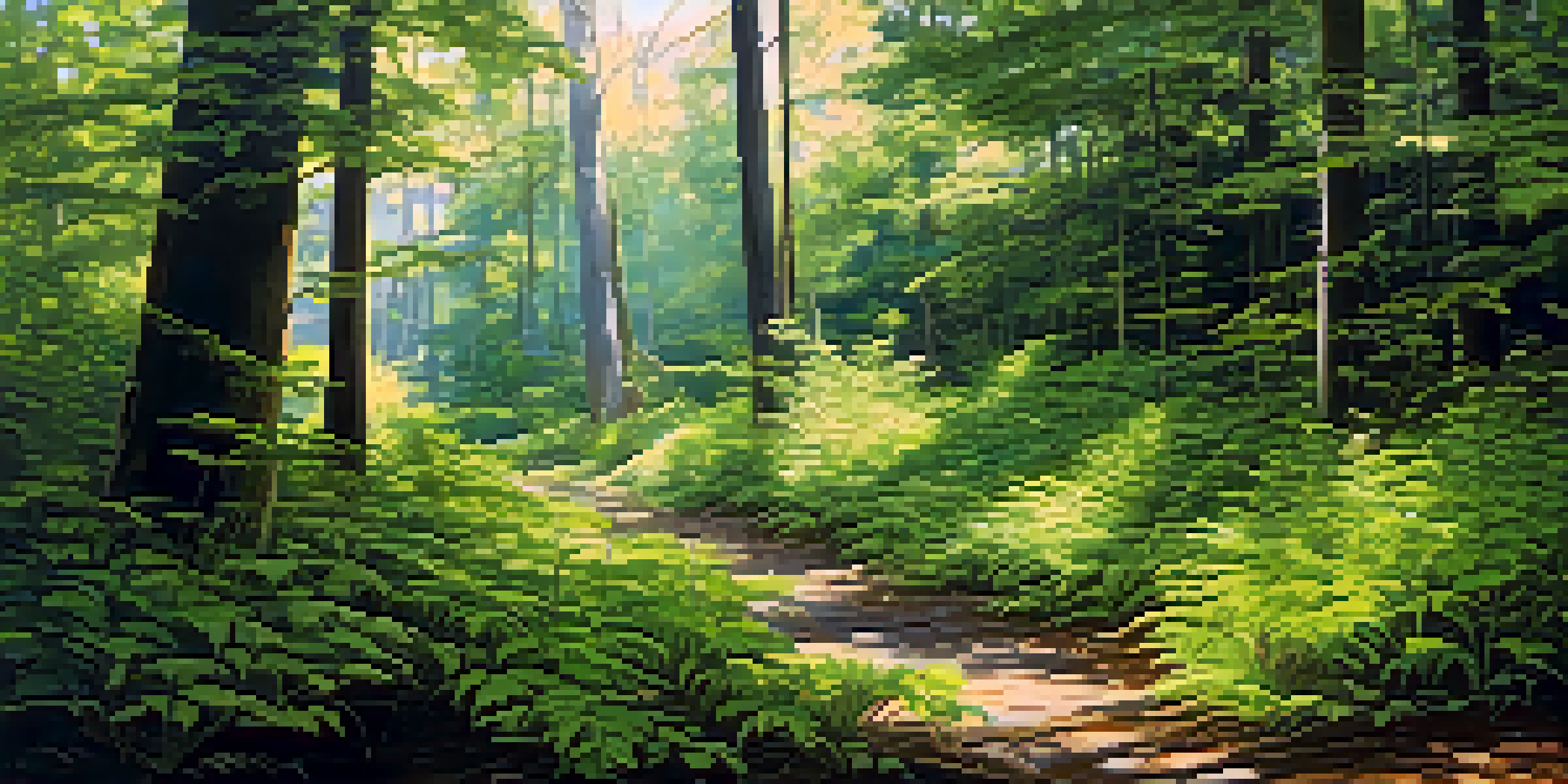 A split landscape showing a healthy native forest on the left and an area dominated by invasive plants on the right, with sunlight filtering through the trees.