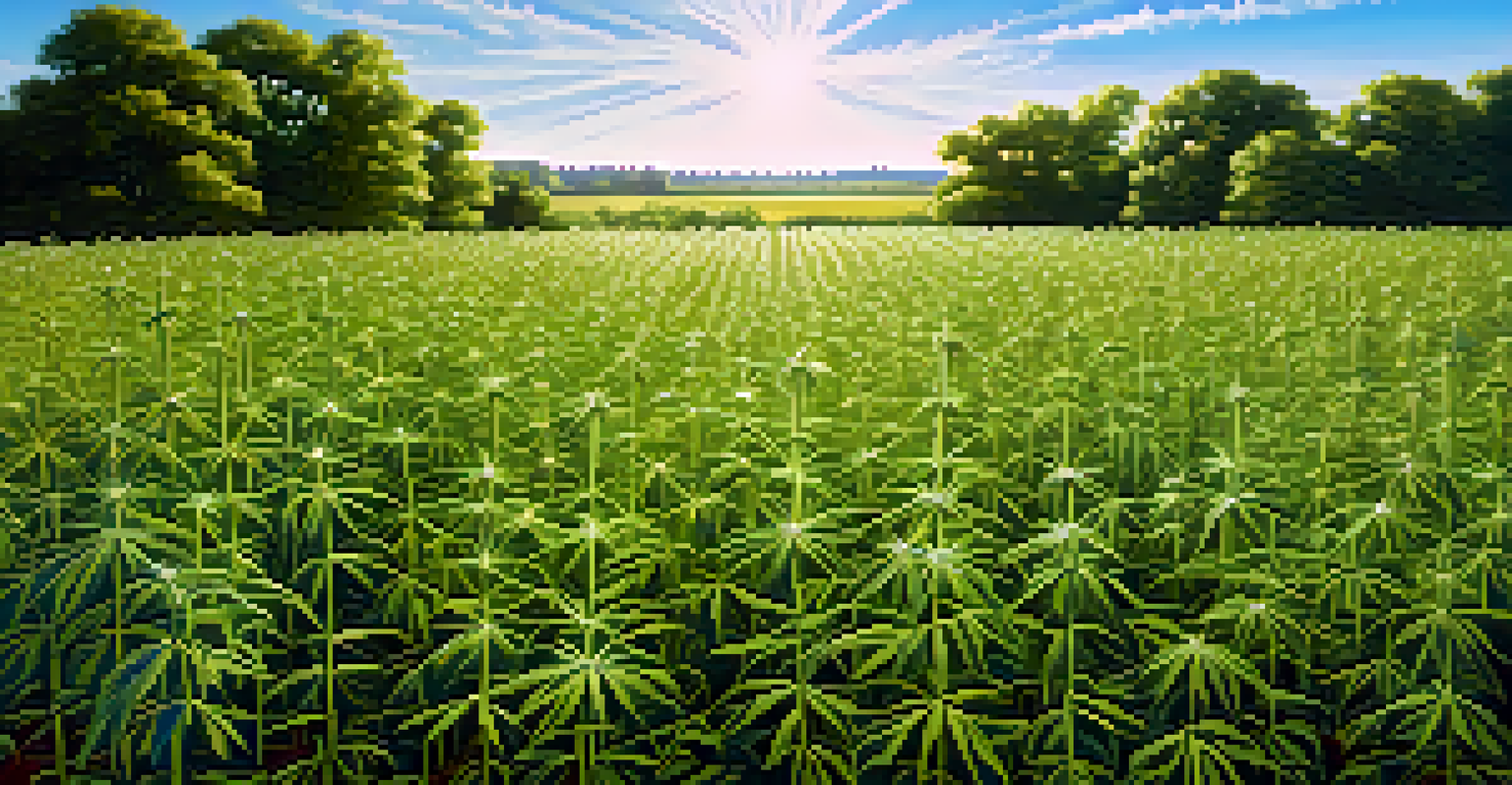 A field of blooming hemp plants swaying gently under a bright blue sky, with sunlight creating vibrant shadows.