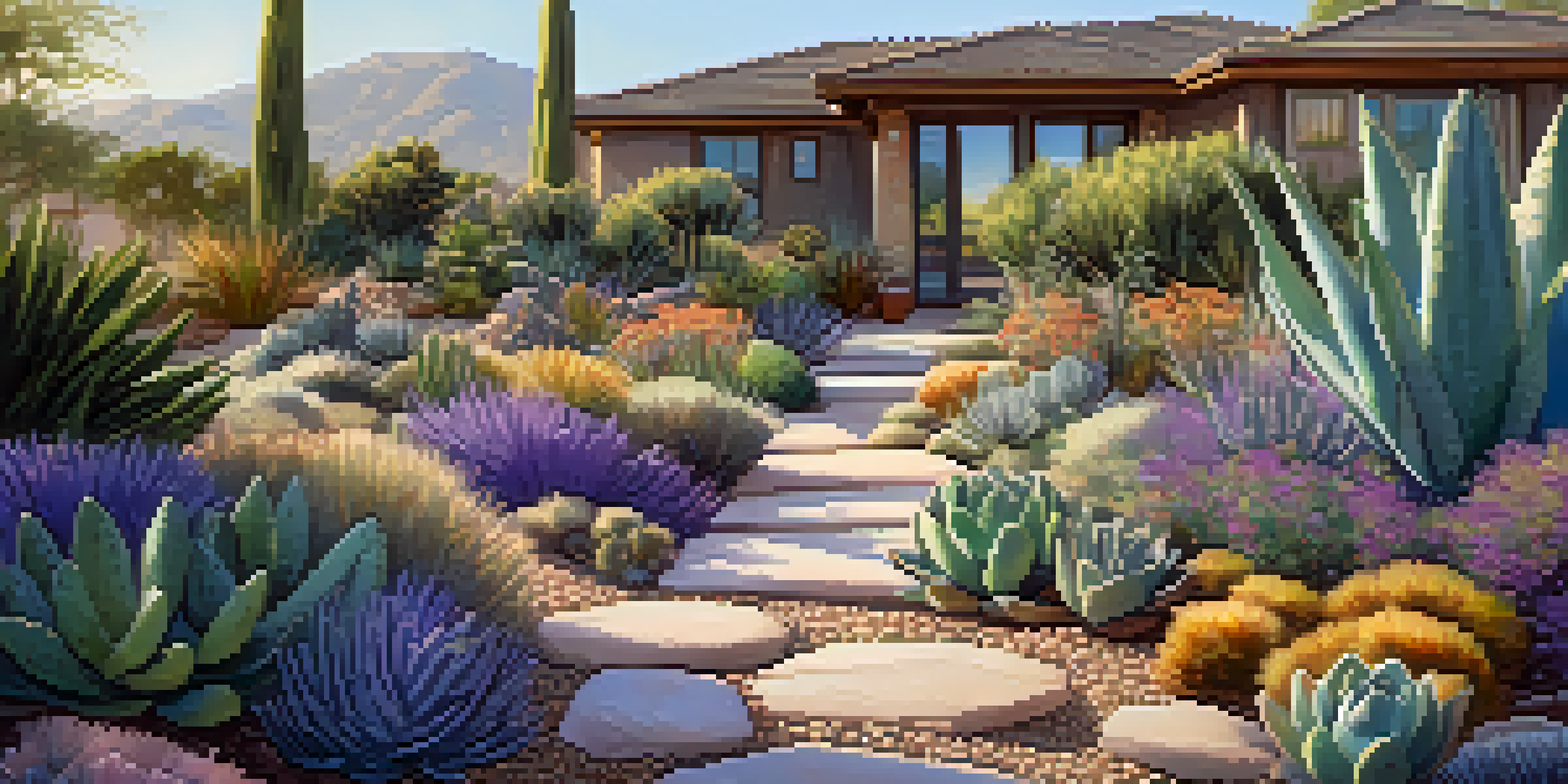A colorful xeriscaped garden with drought-resistant plants, gravel pathways, and decorative stones under warm morning light.