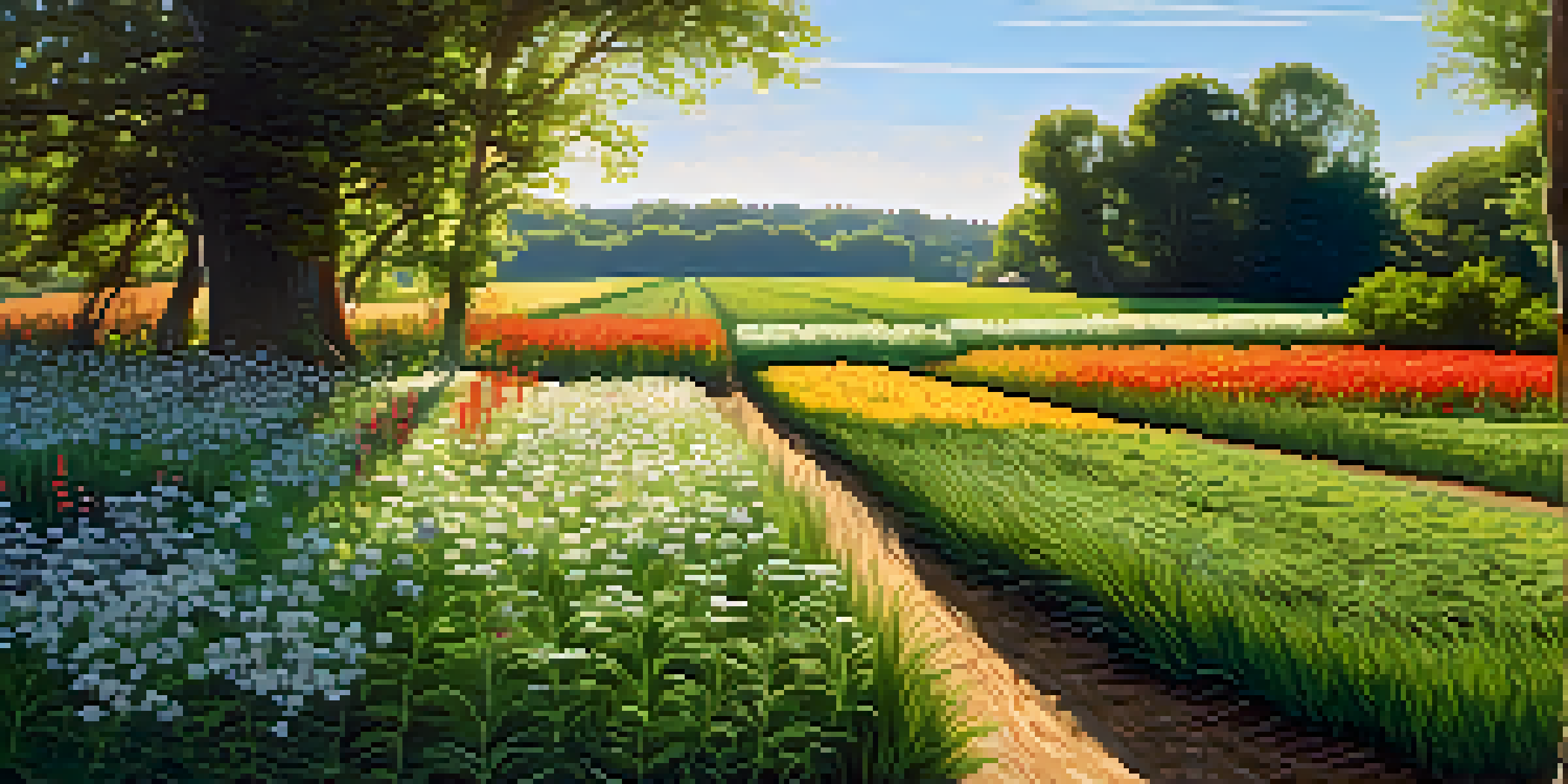 A colorful landscape with various healthy plants, crops, and wildflowers under a bright blue sky.