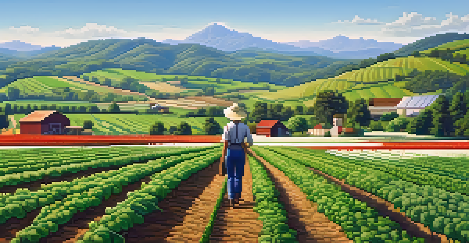A lush green farm with diverse crops, including vegetables and flowers, under a clear blue sky, with a farmer tending to the plants, representing sustainable agriculture.
