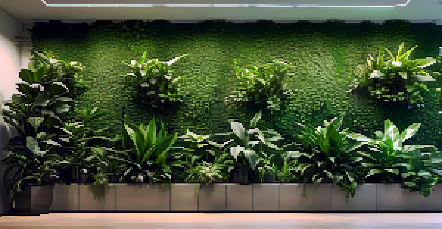 A green wall filled with indoor plants like pothos and snake plants in a modern office setting under soft lighting.